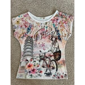 Made in Italy Pisa Graphic T-Shirt Women XS White Viscose Blend Cap Sleeve Top